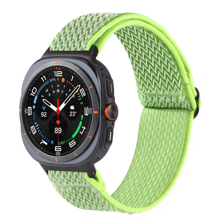 Lime green wave-pattern nylon braided watch band on a smartwatch
