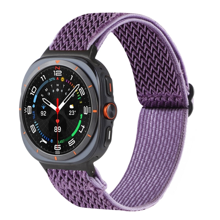 Purple nylon braided watch band with a wave pattern, shown on a smartwatch.