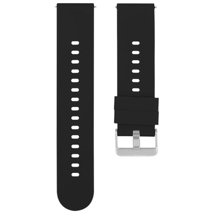 Black silicone watch band in two pieces with adjustment holes and a silver steel buckle.