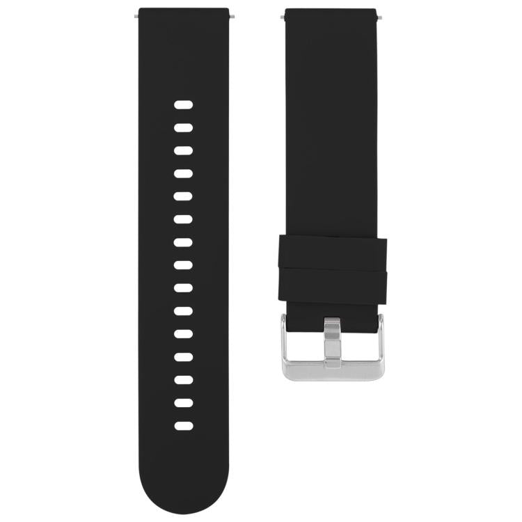 Black silicone watch band in two pieces; the buckle-side strap has a smooth section above the keeper.
