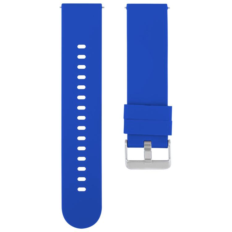 Blue silicone watch band with adjustment holes on one strap and a silver buckle.
