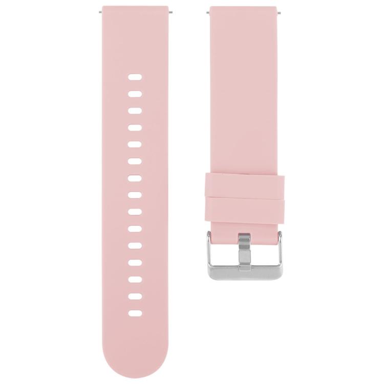 Pink silicone watch band with a silver buckle and a smooth, hole-free buckle-side strap.