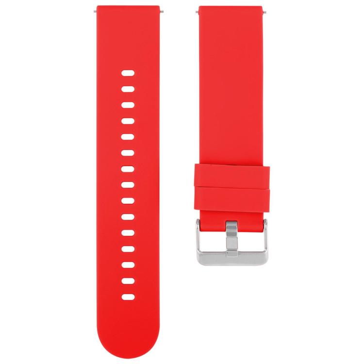 Red silicone watch band with a silver buckle and a smooth, hole-free buckle-side strap.