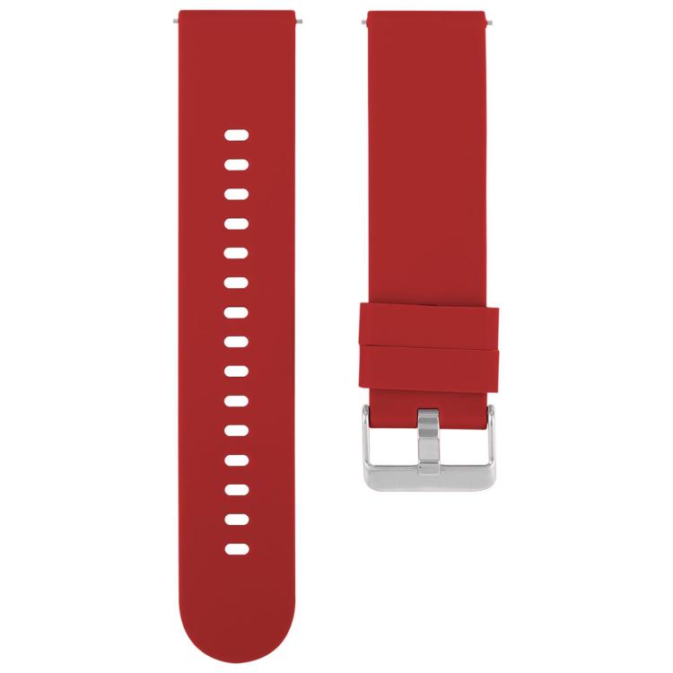 Red silicone watch band with holes on one strap end and a silver steel buckle