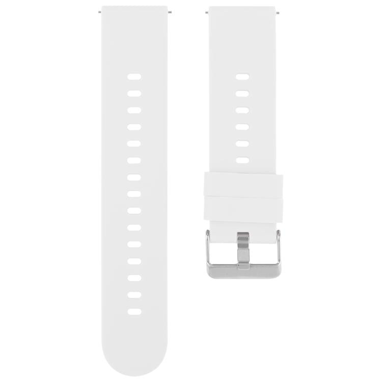 Two-piece white silicone watch band with adjustment holes and a silver steel buckle.