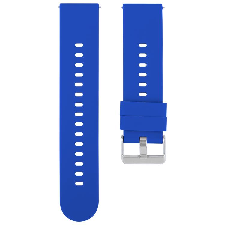 Blue silicone watch band with adjustment holes on both straps and a silver buckle.
