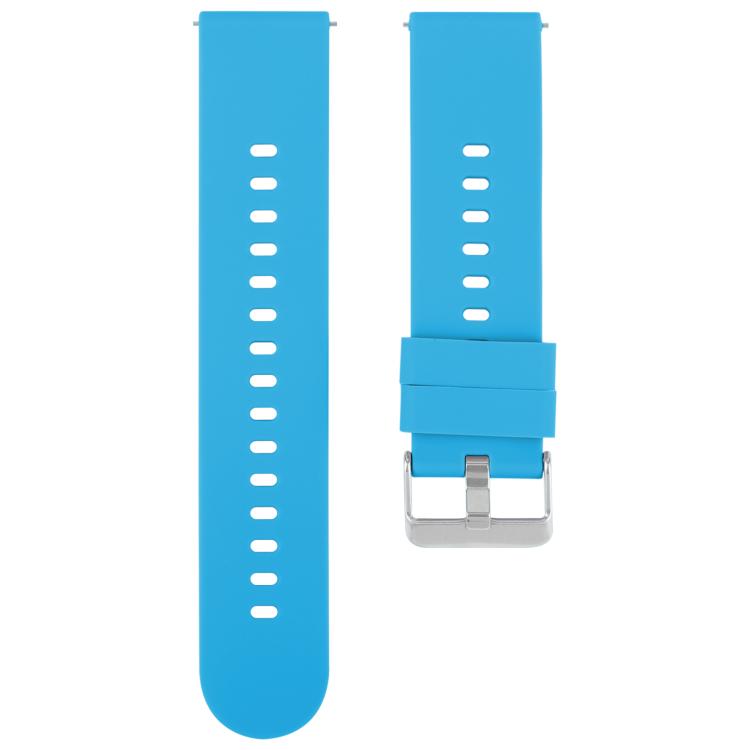 Turquoise silicone watch band with adjustment holes on both straps and a silver buckle.