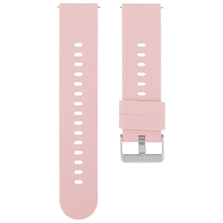 Pink watch band with a steel buckle, strap loops, and adjustment holes.