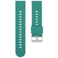 Teal silicone watch band with a silver buckle and strap loops.