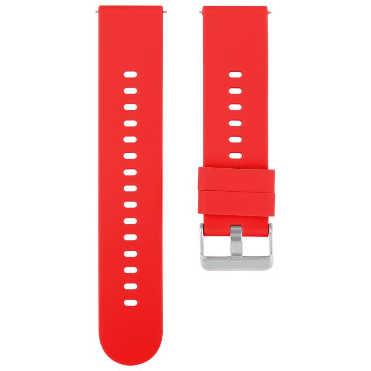 Red silicone watch band with adjustment holes and a silver buckle