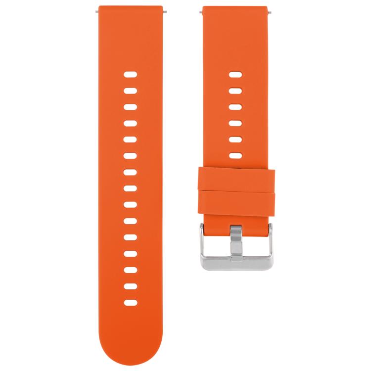 Orange silicone watch band with adjustment holes and a silver buckle