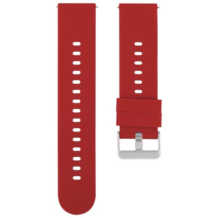 Red silicone watch band with a smooth buckle-side strap and silver steel buckle