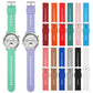 Silicone watch bands in assorted colors, including mint and lavender bands fitted to watches