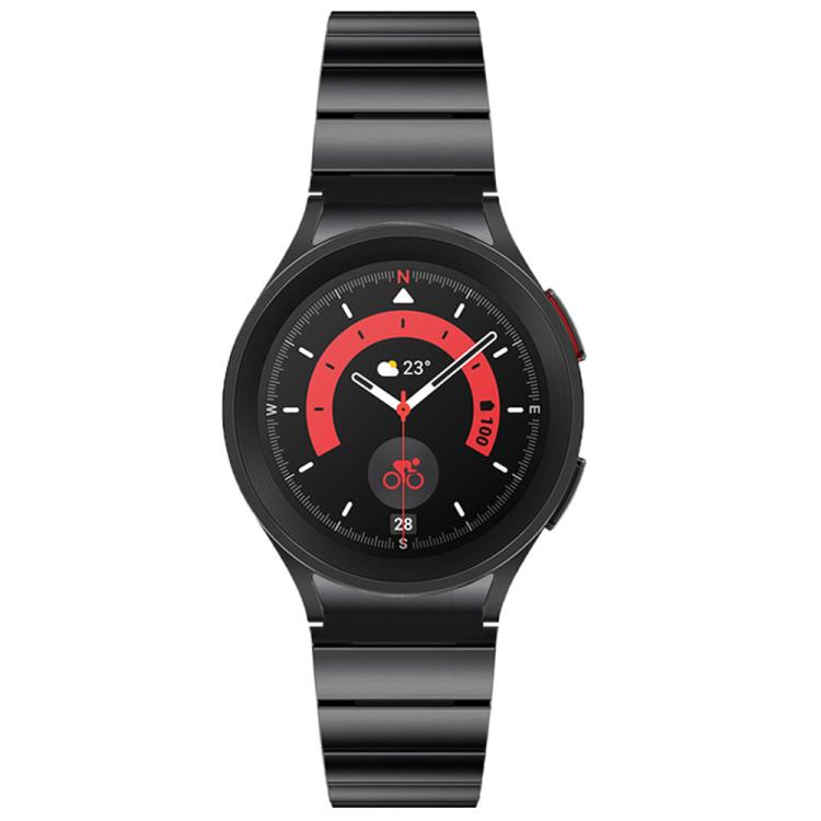 Black stainless steel watch band shown straight on with a smartwatch