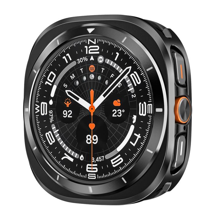 Black metal and PC watch protective case with orange accents, fitted around a smartwatch