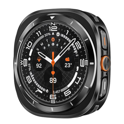 Black metal and PC watch protective case with orange accents, fitted around a smartwatch