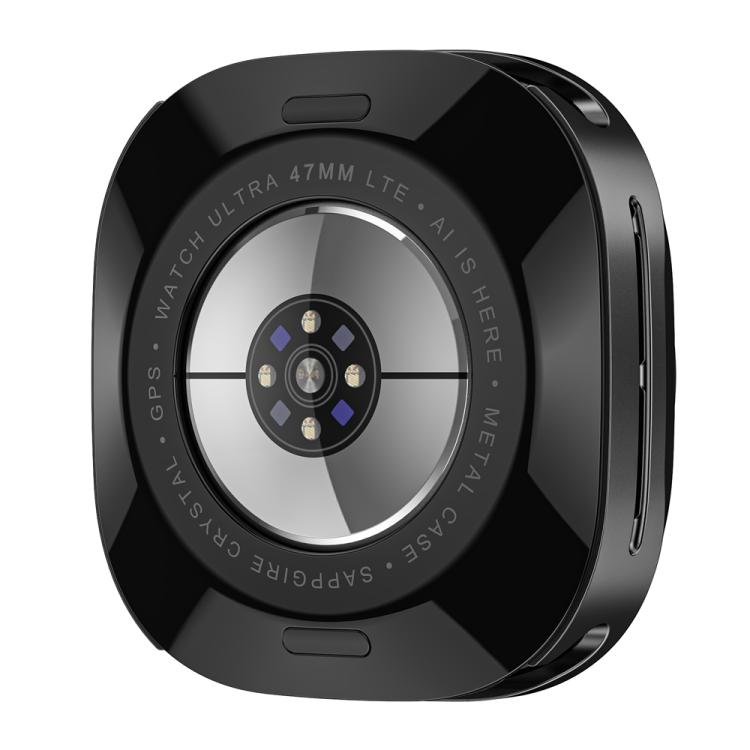 Black smartwatch protective case, rear view with sensor opening and side button cutouts