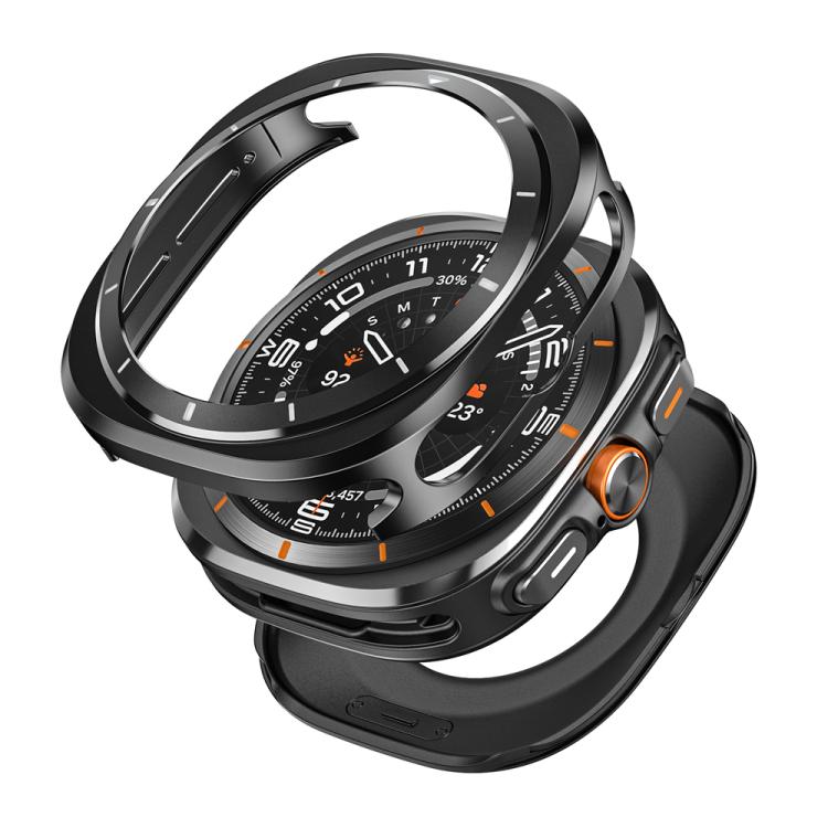 Black metal and PC watch protective case with orange accents, shown in separated parts