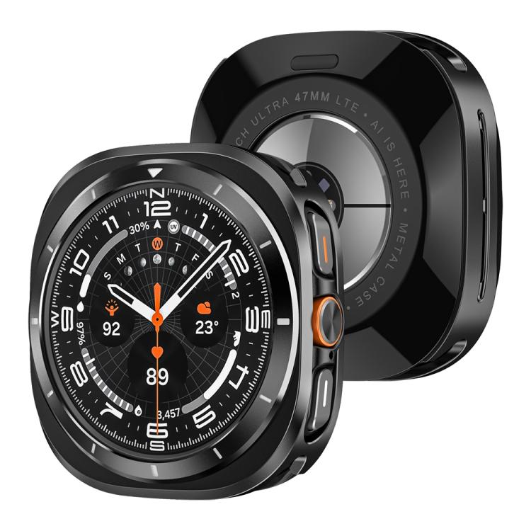 Black smartwatch with protective case, raised bezel and orange-accented side button