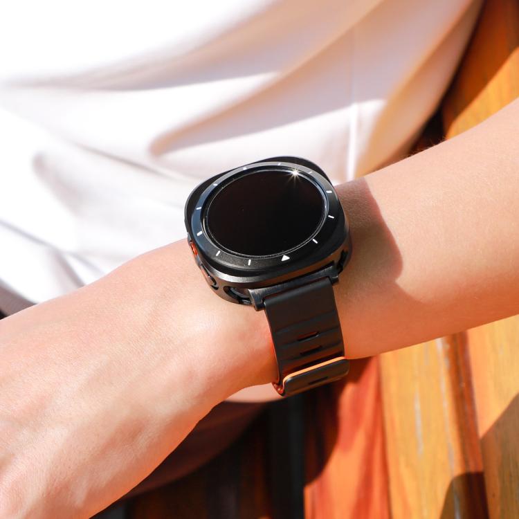 Black protective case fitted on a smartwatch, shown worn on a wrist