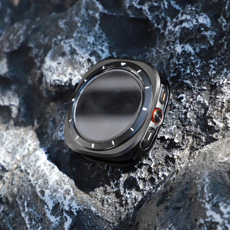 Black smartwatch protective case with orange-accented side button and raised bezel