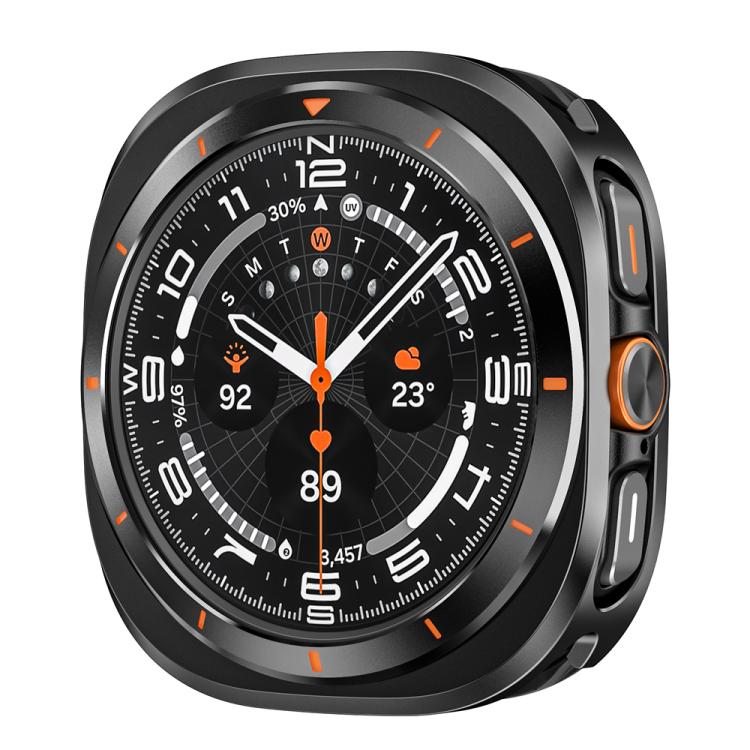 Black smartwatch protective case with orange bezel markers and side button accents