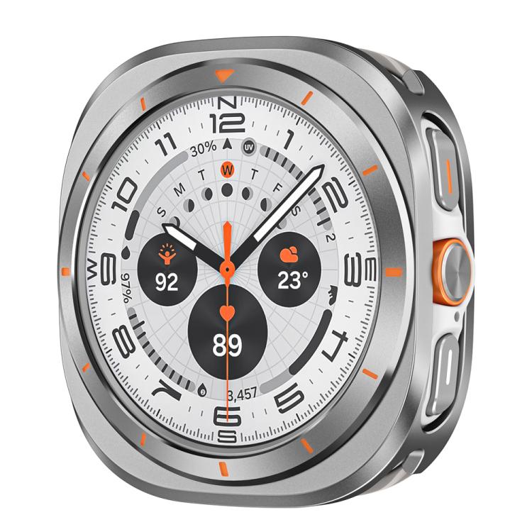 Gray smartwatch protective case with orange markers and orange-accented side button