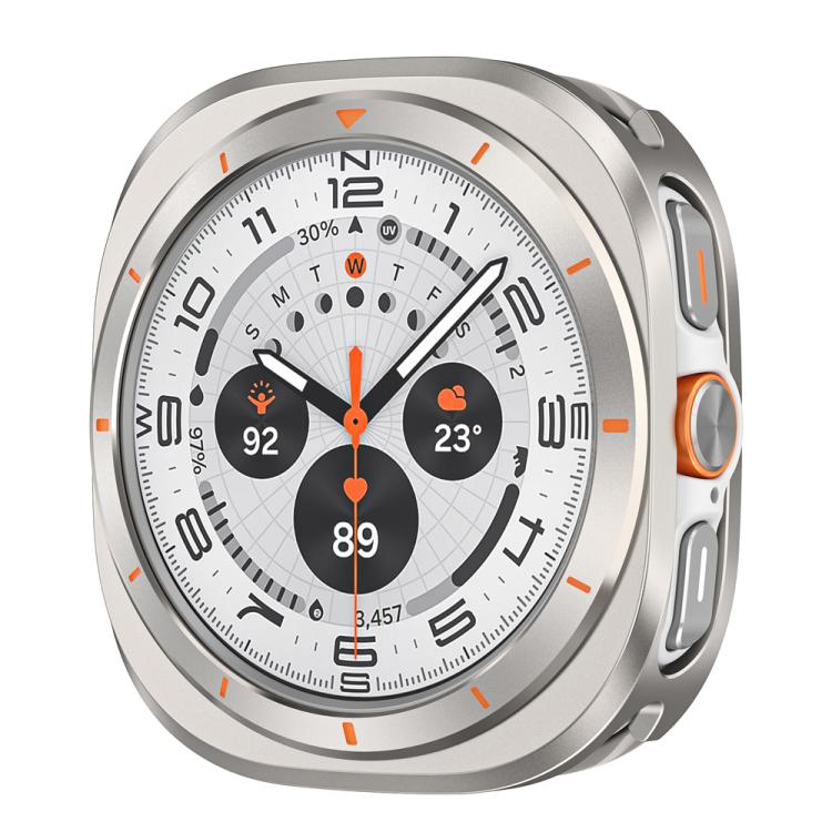 Light gray smartwatch protective case with orange markers and side button accent