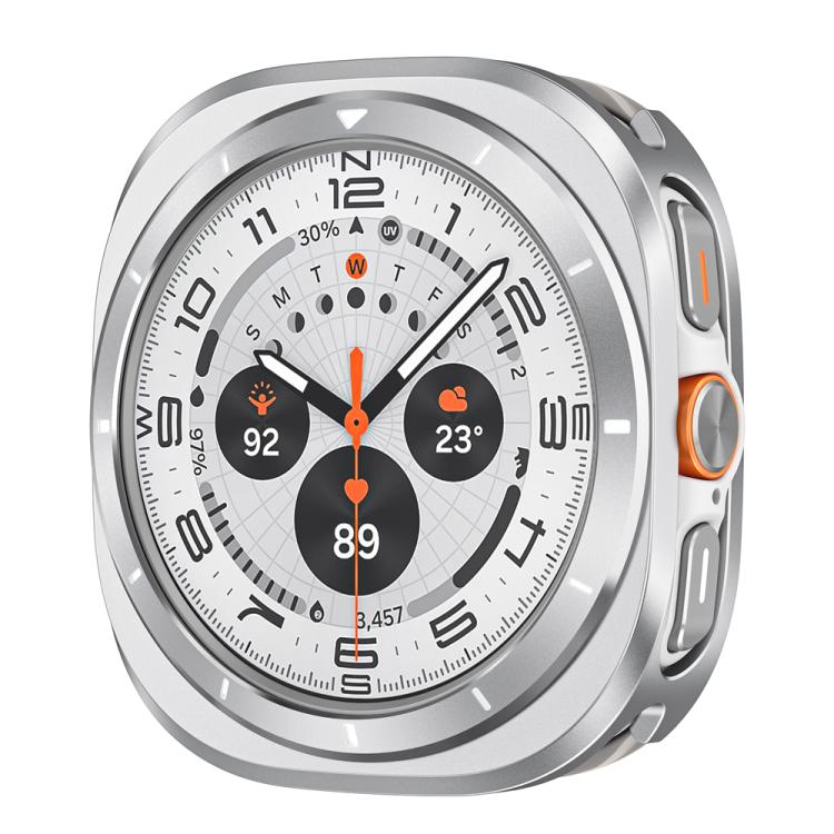 Silver smartwatch protective case with white bezel markers and orange side button accent