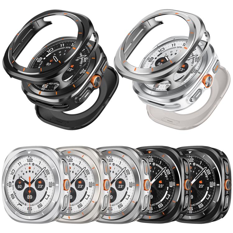 Smartwatch protective cases in black and silver, shown as open frames and fitted examples