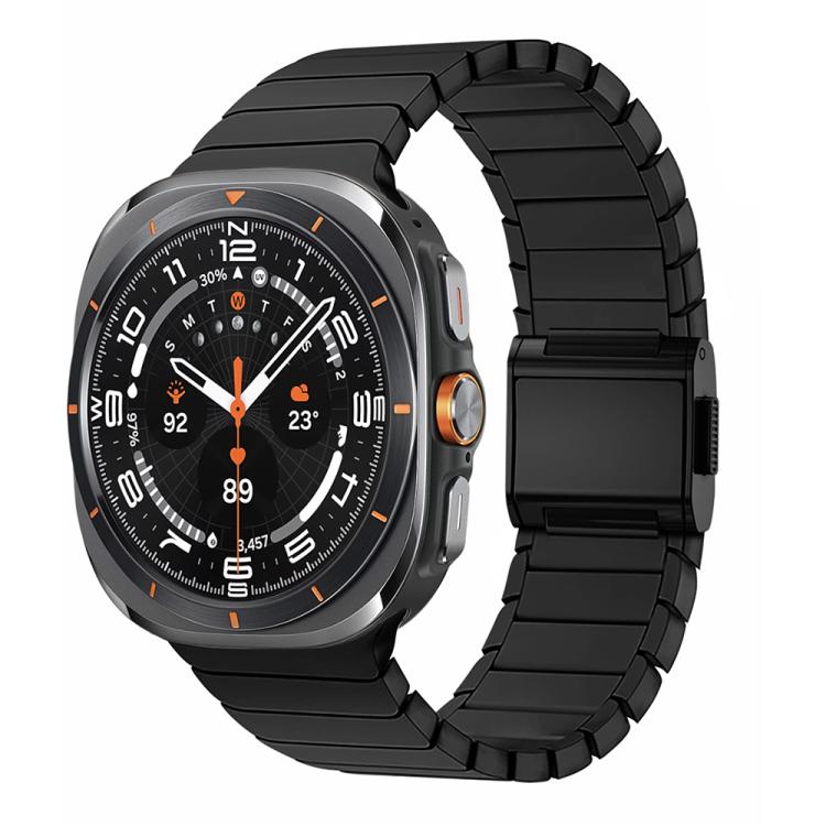 Black stainless steel link watch band with a folding clasp, shown on a smartwatch