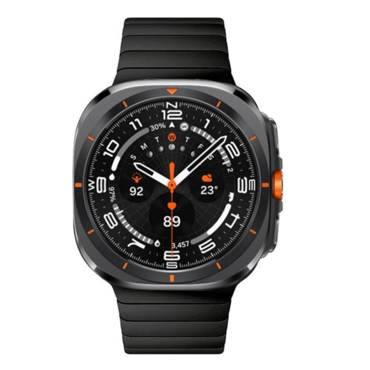 Front view of a smartwatch with a black stainless steel link band