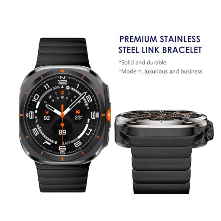 Black stainless steel link band shown on a smartwatch from front and side