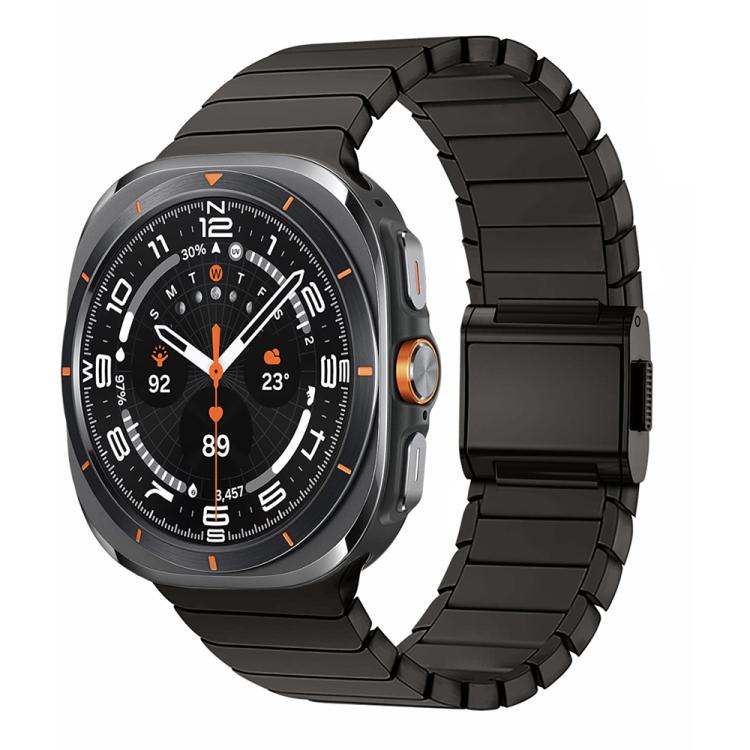 Black stainless steel link watch band with a folding clasp, shown on a smartwatch