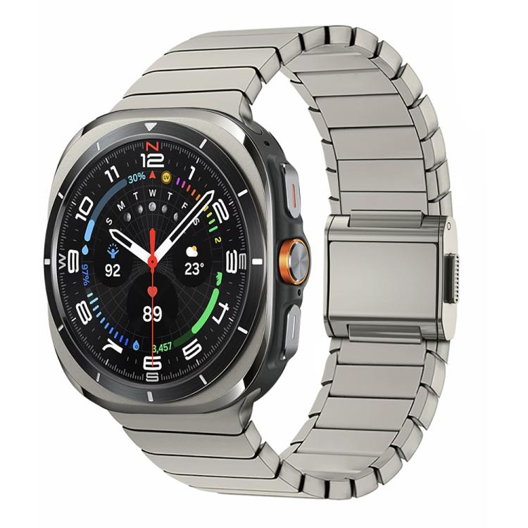 Slate stainless steel link watch band with a folding clasp, shown on a smartwatch