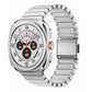 Silver stainless steel link watch band with a folding clasp, shown on a smartwatch