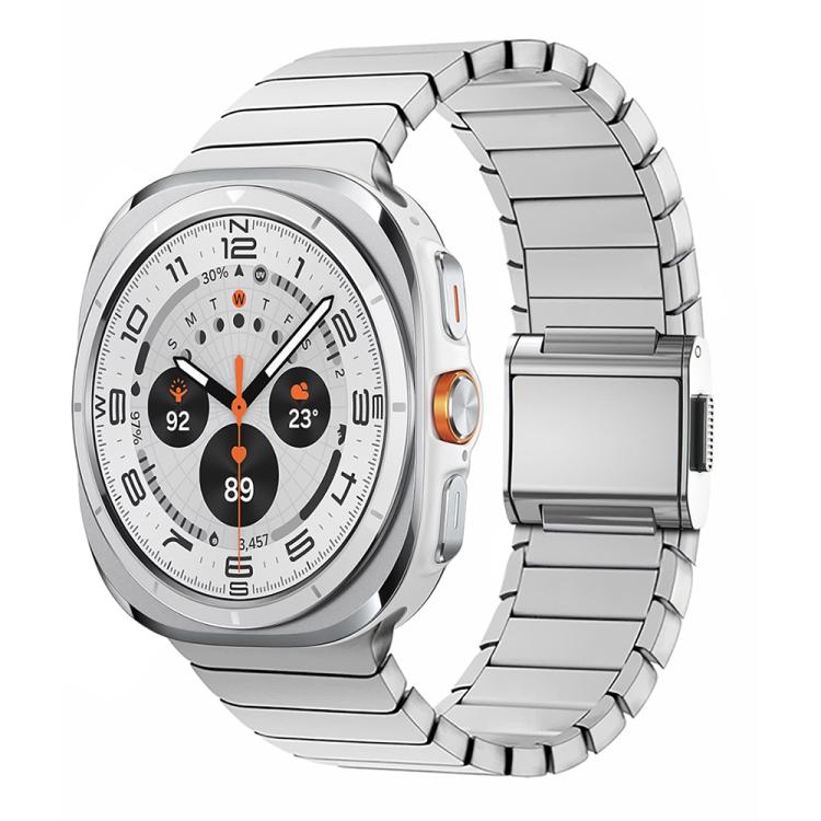 Silver stainless steel link watch band with a folding clasp, shown on a smartwatch