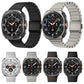 Stainless steel link watch bands in black, slate, titanium color, and silver on smartwatches