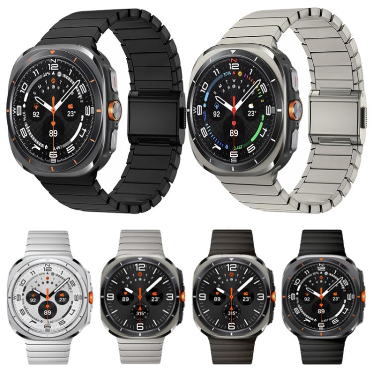 Stainless steel link watch bands in black, slate, titanium color, and silver on smartwatches