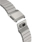Close-up of a silver stainless steel link band and its folding clasp