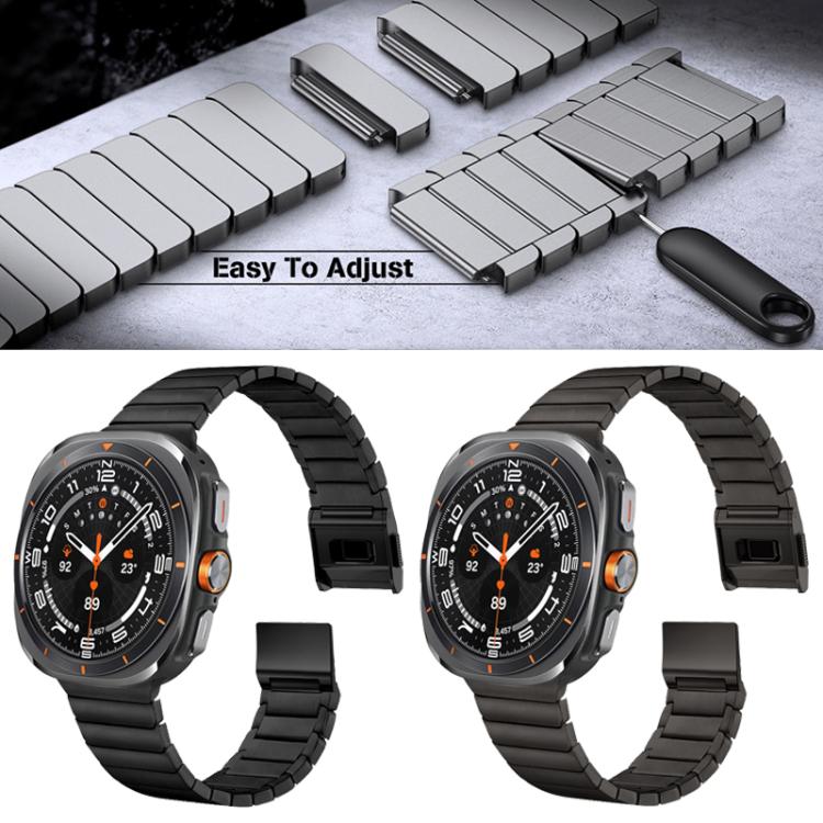 Stainless steel watch band links and clasp with adjustment tool, shown in silver and dark finishes