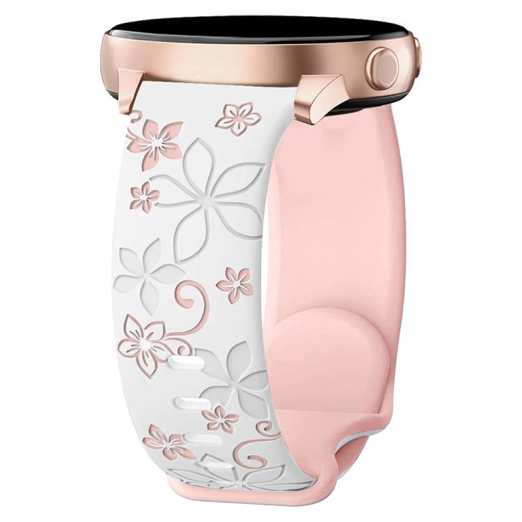White and pink silicone watch band with embossed floral design