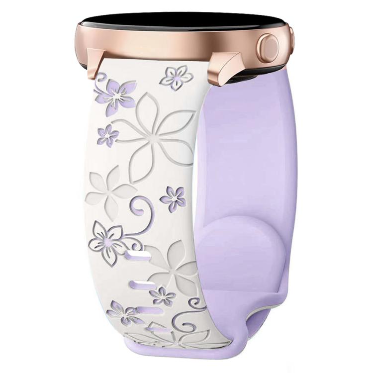 White and lavender silicone watch band with embossed floral design