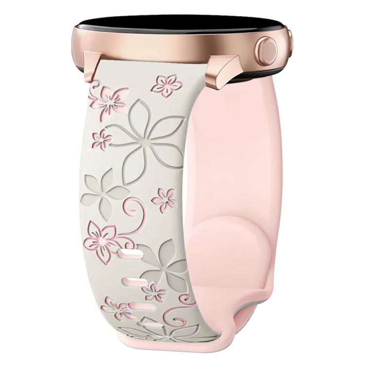 White and pink silicone watch band with embossed floral design