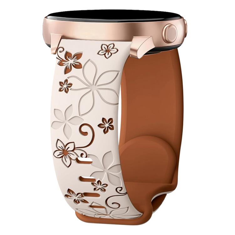 White and brown silicone watch band with embossed floral design