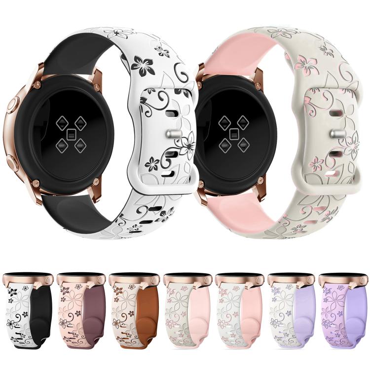 20mm silicone watch bands with embossed floral designs in black, pink, brown, and purple tones