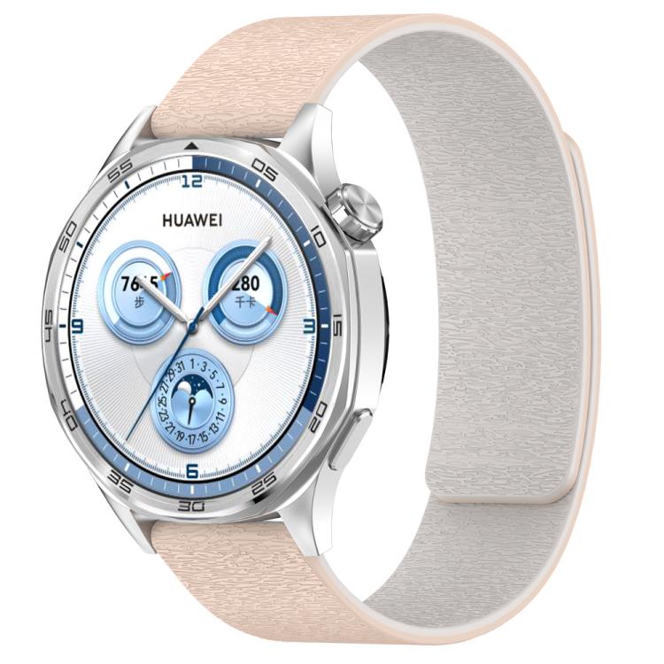 Pale beige silicone magnetic watch band with a light gray lining on a Huawei watch