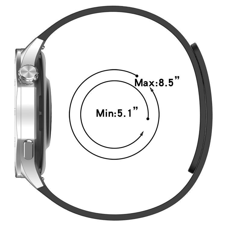 Magnetic silicone watch band shown curved, with a wrist fit range of 5.1 to 8.5 inches.