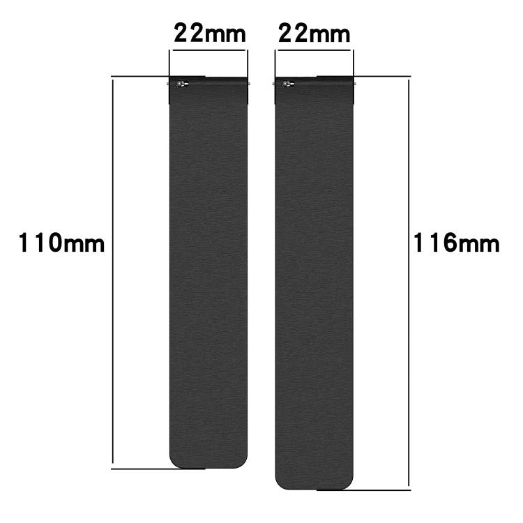 Two black watch band straps shown with 22 mm widths and lengths of 110 mm and 116 mm.