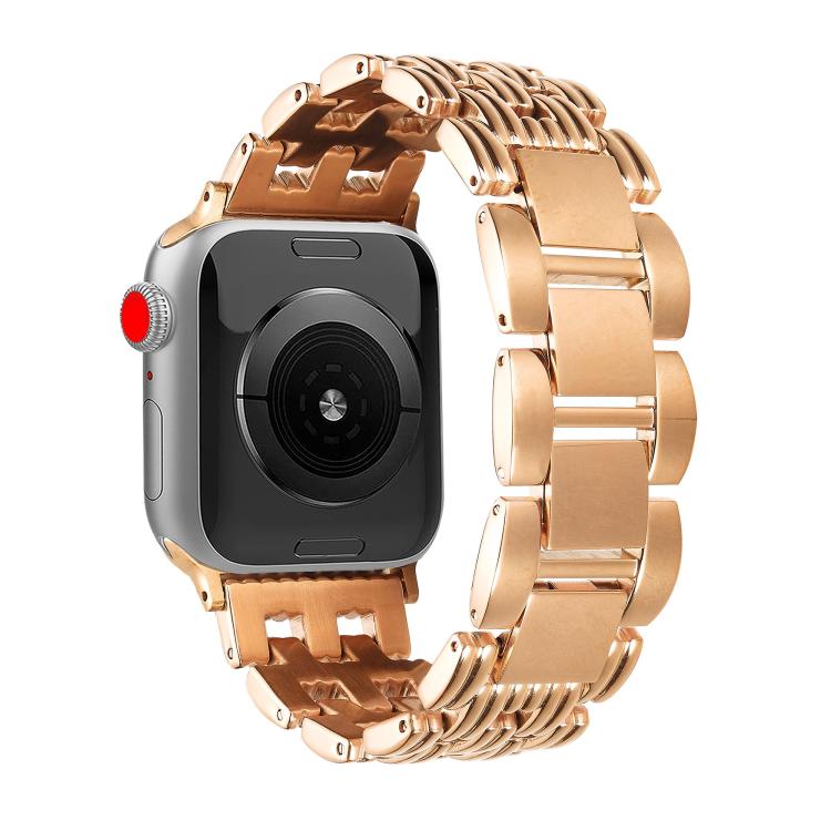 Rose gold five-bead stainless steel Apple Watch band shown attached to a watch.